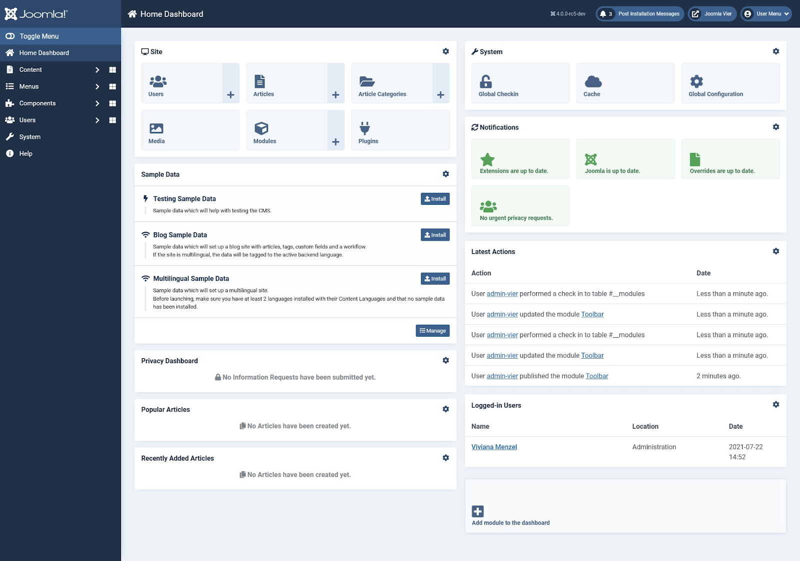 The Joomla dashboard screen has sections for users, media, articles, modules, article categories and plugins. The screen also has a privacy dashboard and sections for popular and recently added articles.